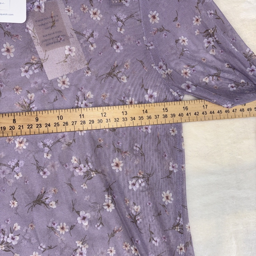 Anthropology Hem & Thread Sz L Ditsy Print Mesh Cabbage Long Sleeve Top Lavender - Picture 8 of 15